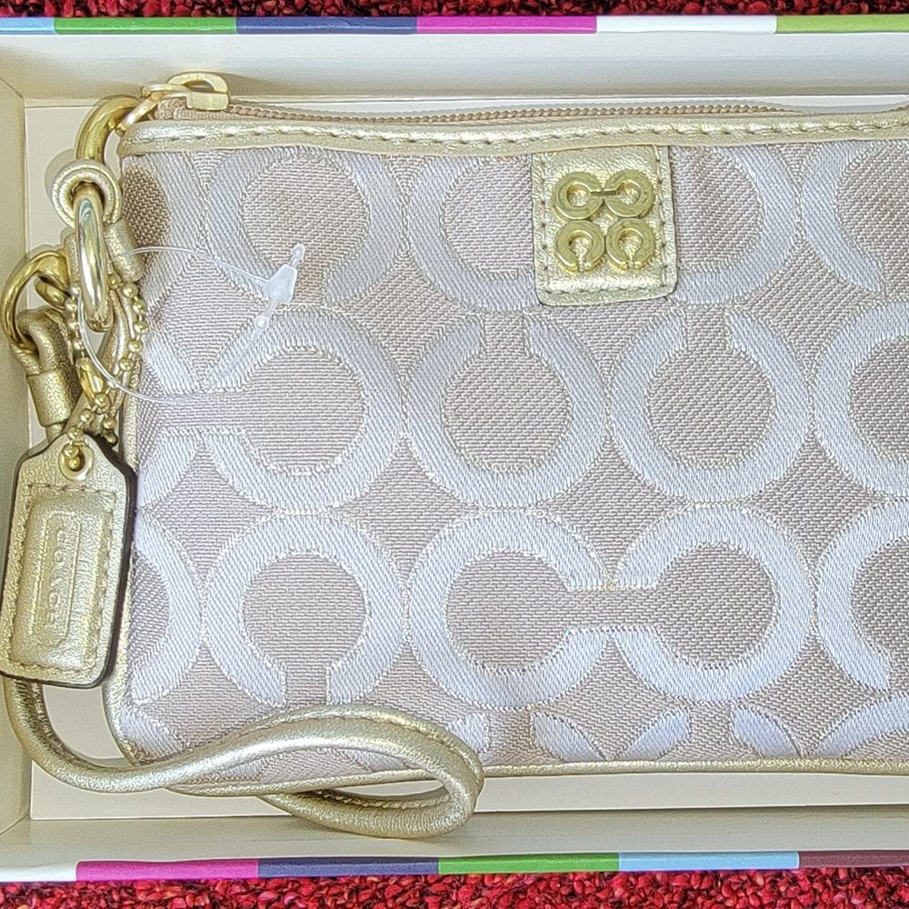 Coach Light Khaki Beige & Gold Small Wristlet